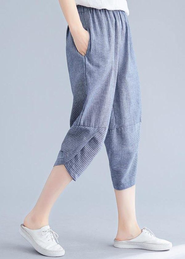 Boutique Navy Striped Patchwork Summer Cotton Linen Pants - Image 4