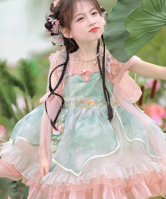 Boutique Pink Embroideried Ruffled Patchwork Tulle Kids Mid Dress Short Sleeve