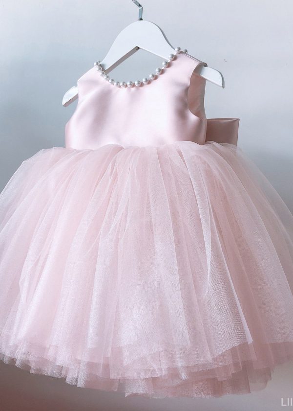 Boutique Pink Nail Bead Bow Tulle Kids Maxi Dresses Sleeveless - Image 2