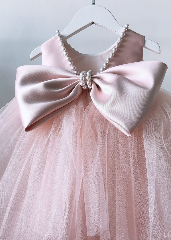Boutique Pink Nail Bead Bow Tulle Kids Maxi Dresses Sleeveless - Image 3