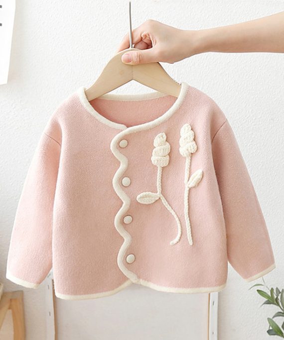 Boutique Pink O Neck Button Patchwork Knit Baby Coat Long Sleeve