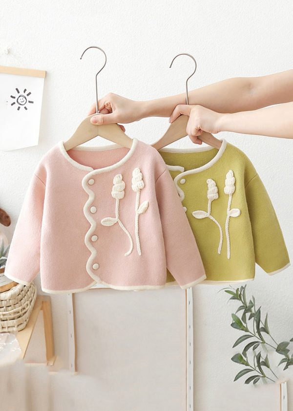 Boutique Pink O Neck Button Patchwork Knit Baby Coat Long Sleeve - Image 4