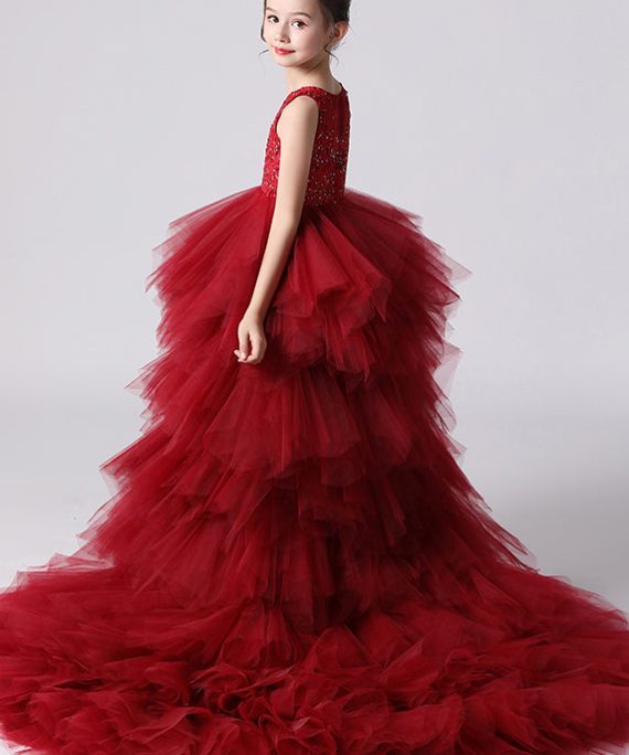 Boutique Pink O-Neck Zircon Detachable Tulle Kids Maxi Dress Sleeveless