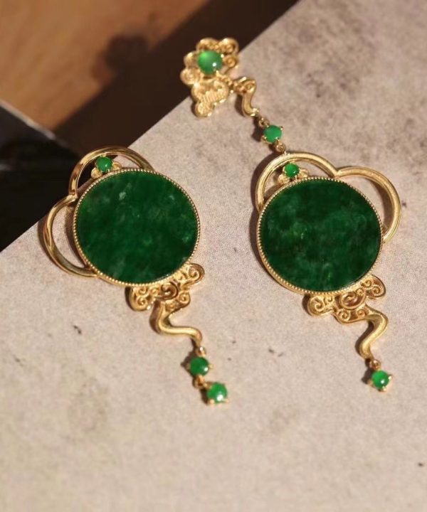 Boutique Retro Green Jade Patchwork 14K Drop Earrings - Image 2