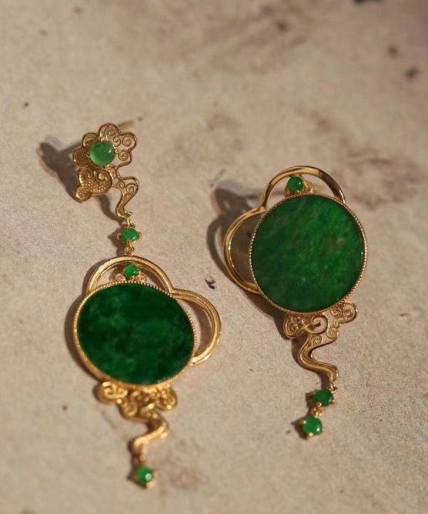 Boutique Retro Green Jade Patchwork 14K Drop Earrings - Image 3
