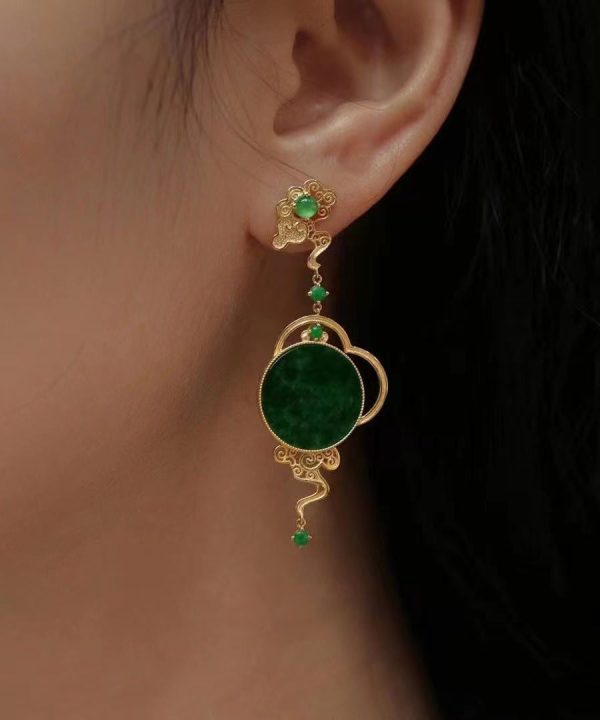 Boutique Retro Green Jade Patchwork 14K Drop Earrings - Image 5
