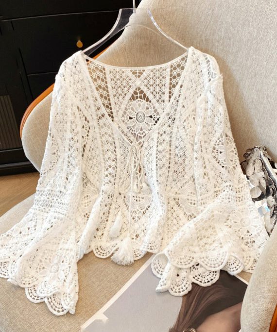 Brief White V Neck Hollow Out Lace Shirt Spring