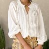 Brief White V Neck Wrinkled Cotton Shirts Lantern Sleeve