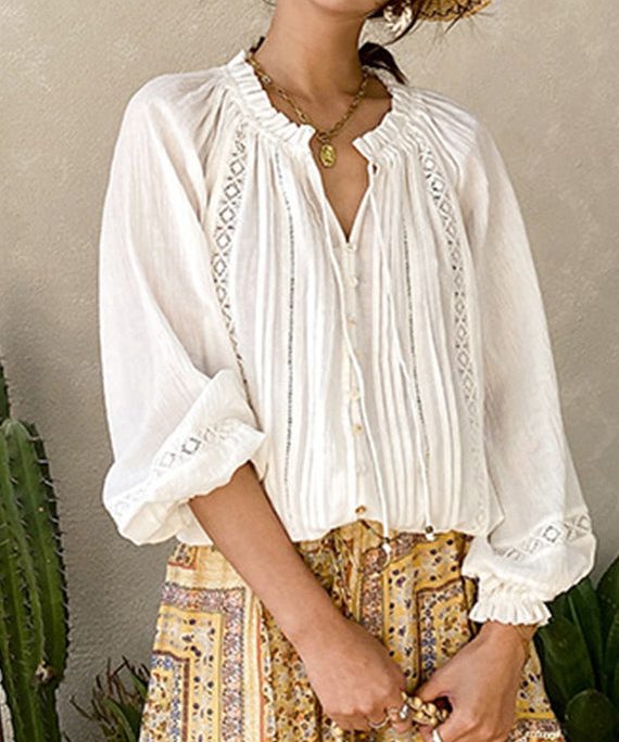 Brief White V Neck Wrinkled Cotton Shirts Lantern Sleeve