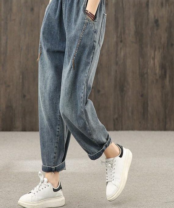 Bright line decoration retro washed denim autumn new casual trousers