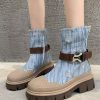 British Style Light Blue Platform Thin Denim Martin Boots For Women