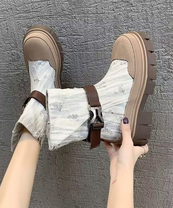 British Style Light Blue Platform Thin Denim Martin Boots For Women - Image 2