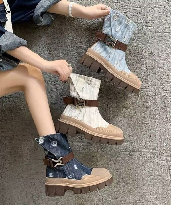 British Style Light Blue Platform Thin Denim Martin Boots For Women - Image 3