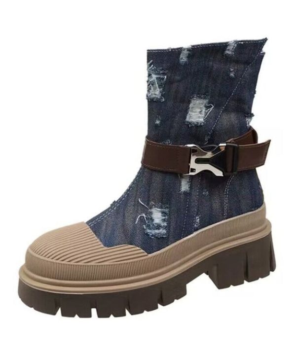 British Style Light Blue Platform Thin Denim Martin Boots For Women - Image 5
