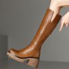 Brown Boots Chunky Cowhide Leather 2025 Splicing Zippered