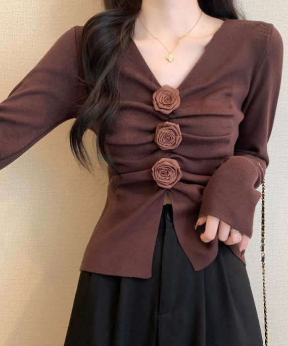 Brown Floral Knit Pullover Side Open Spring