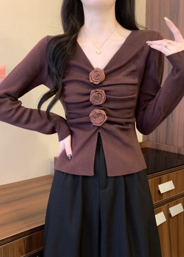 Brown Floral Knit Pullover Side Open Spring - Image 2