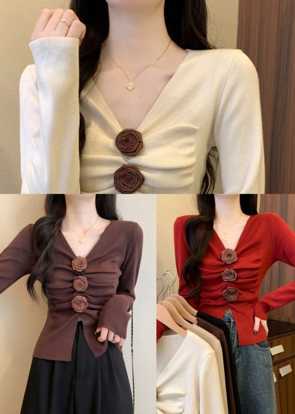 Brown Floral Knit Pullover Side Open Spring - Image 5