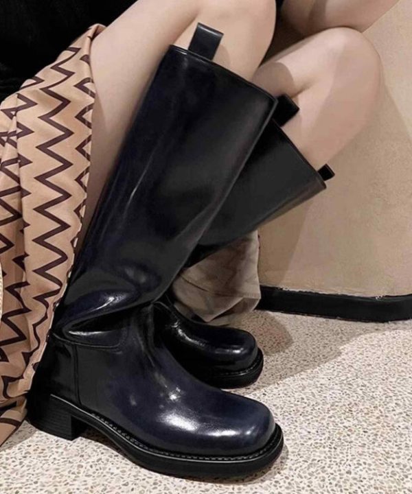 Brown High Boots Chunky Heel Faux Leather Chic Splicing - Image 2