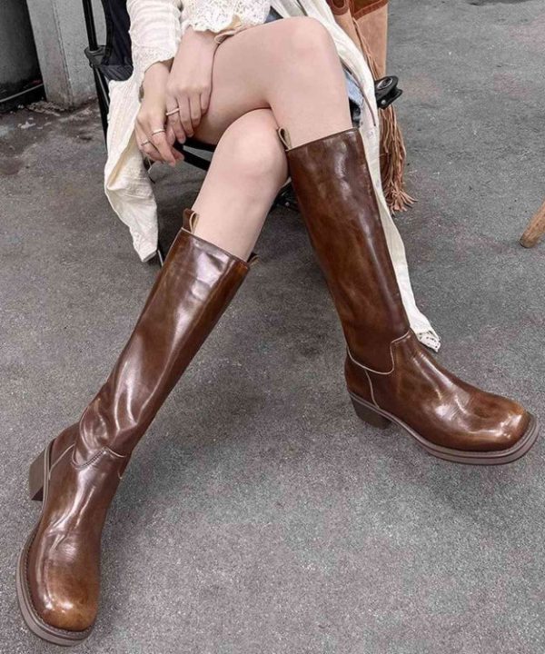 Brown High Boots Chunky Heel Faux Leather Chic Splicing - Image 3