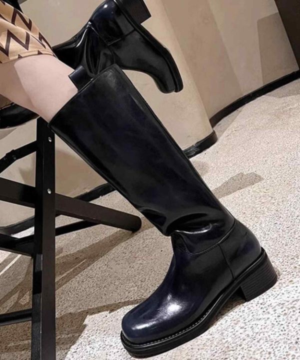 Brown High Boots Chunky Heel Faux Leather Chic Splicing - Image 4