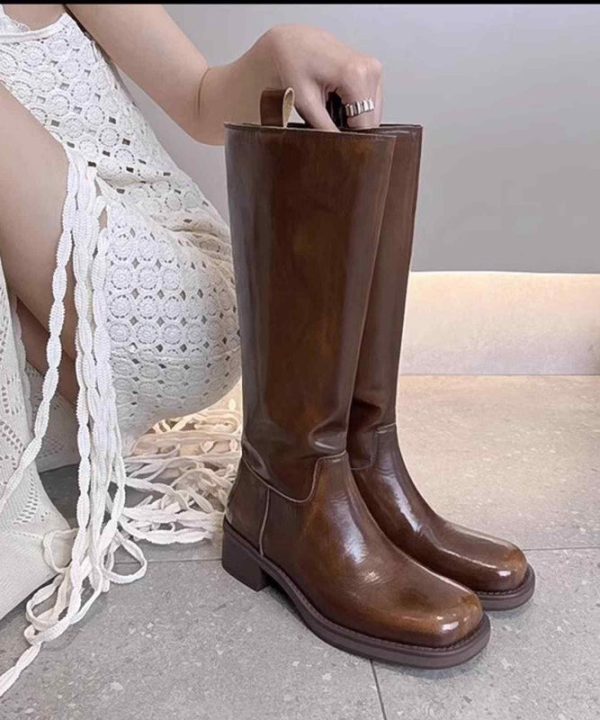 Brown High Boots Chunky Heel Faux Leather Chic Splicing - Image 5
