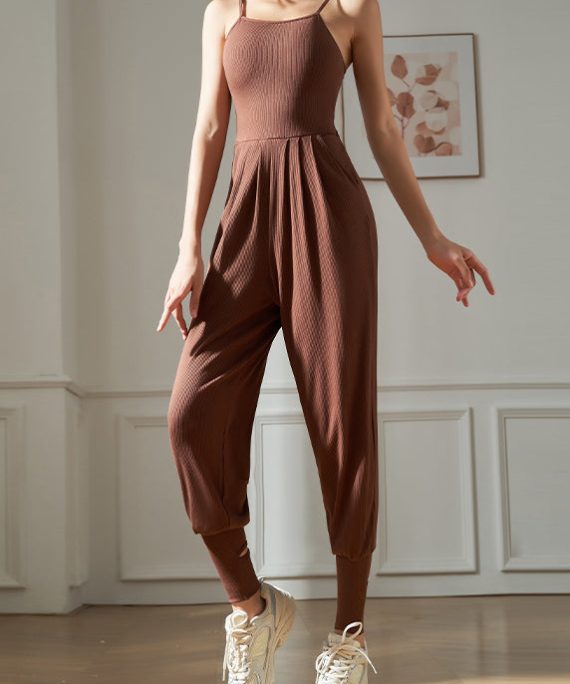 Brown Hollow Out Solid One Piece Workout Suit