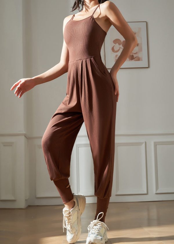 Brown Hollow Out Solid One Piece Workout Suit - Image 3