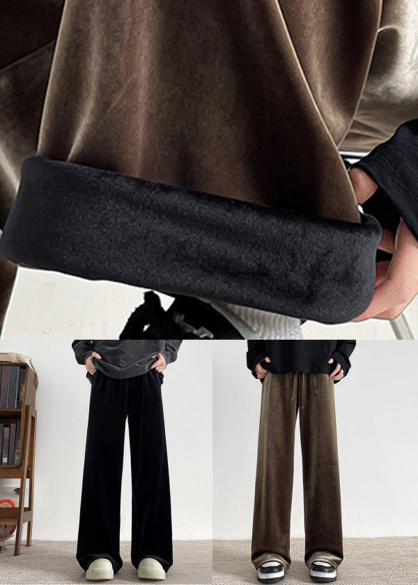 Brown Lace Up Velour Men Wide Leg Pants Elastic Waist Spring - Image 5