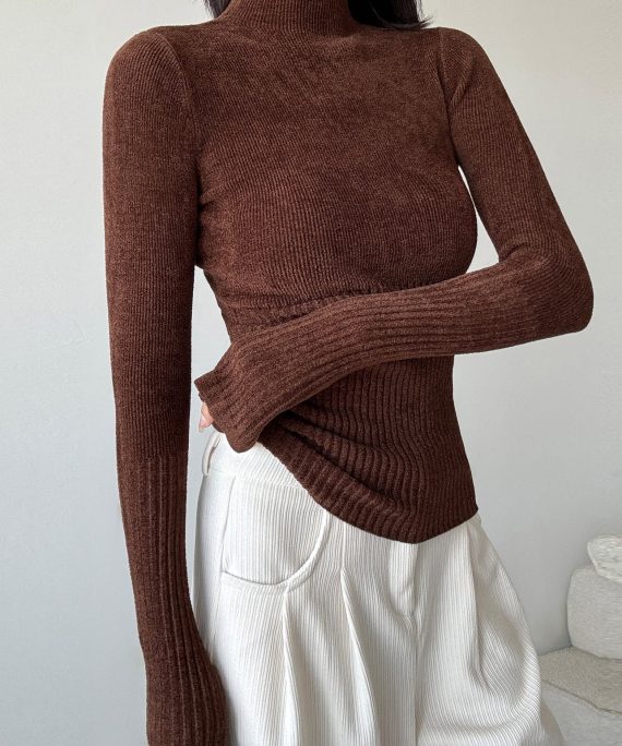 Brown Silm Fit Knit Sweater High Neck Spring