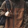Brown Zippered Pockets Patchwork Loose Cotton Men Coat Hooded Spring