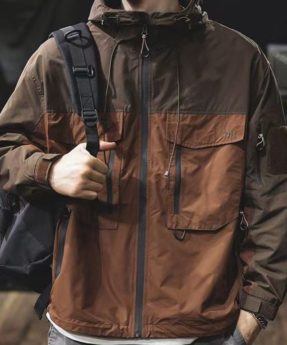 Brown Zippered Pockets Patchwork Loose Cotton Men Coat Hooded Spring