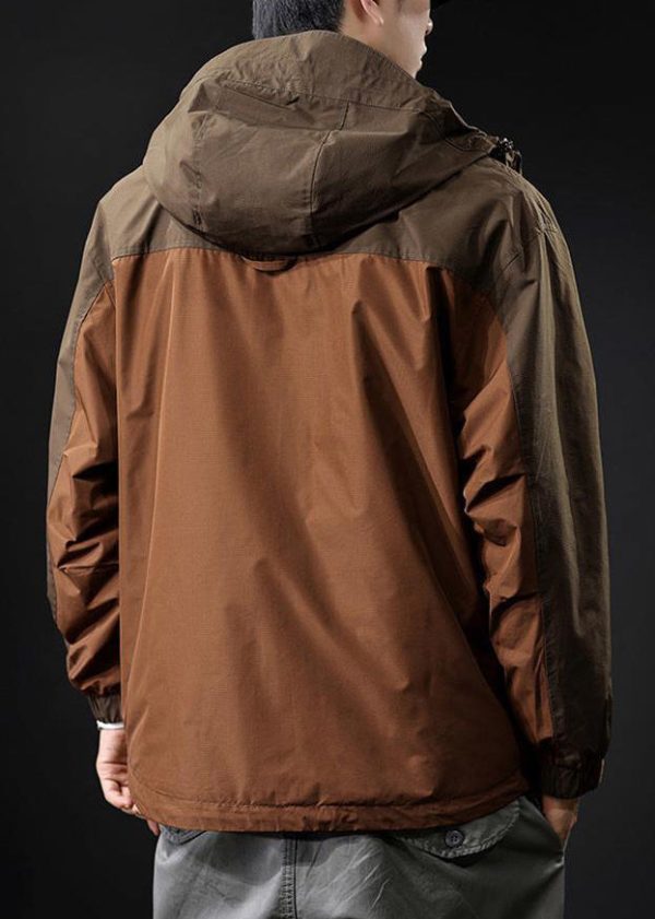 Brown Zippered Pockets Patchwork Loose Cotton Men Coat Hooded Spring - Image 5