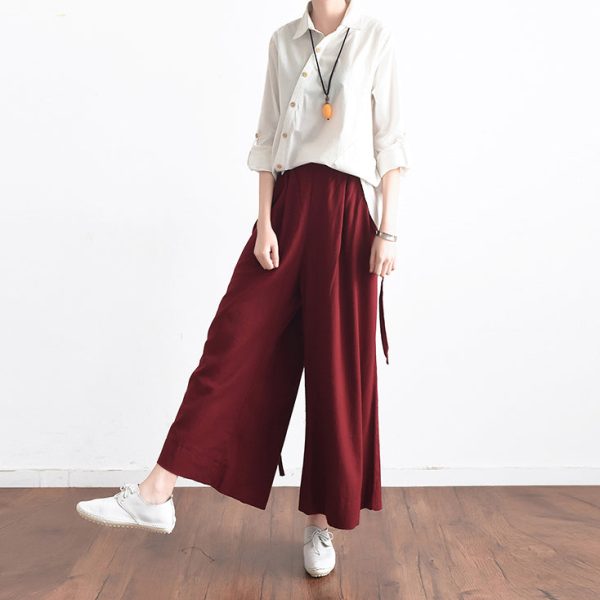 Burgundy asymmetric linen crop pants oversize wide leg pants trousers - Image 2