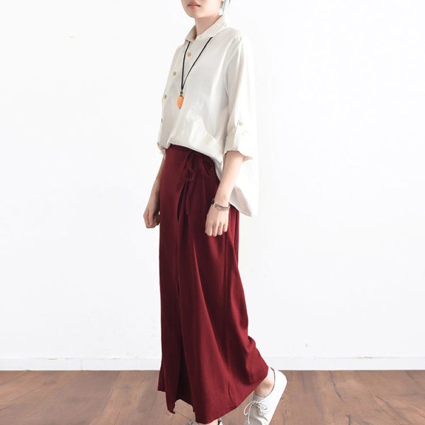 Burgundy asymmetric linen crop pants oversize wide leg pants trousers - Image 3