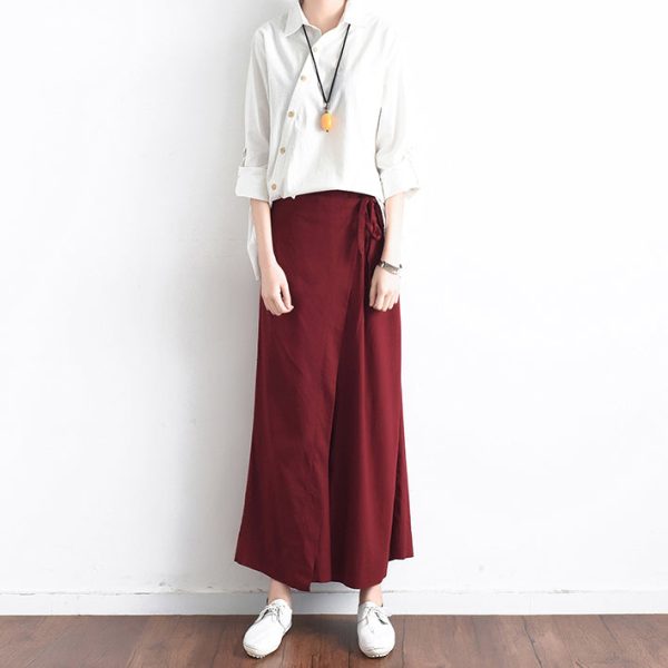 Burgundy asymmetric linen crop pants oversize wide leg pants trousers - Image 4