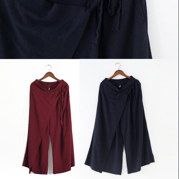 Burgundy asymmetric linen crop pants oversize wide leg pants trousers - Image 5