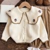 Casual Apricot Peter Pan Collar Embroideried Cotton Knit Kids Cardigan And Pants Two Pieces Set Spring