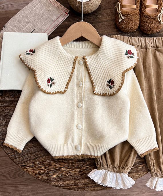 Casual Apricot Peter Pan Collar Embroideried Cotton Knit Kids Cardigan And Pants Two Pieces Set Spring
