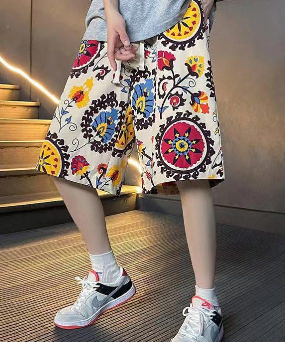 Casual Apricot Print Elastic Waist Cotton Men Beach Shorts Summer