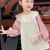 Casual Beige O-Neck Tulle Patchwork Kids Mid Dress Fall