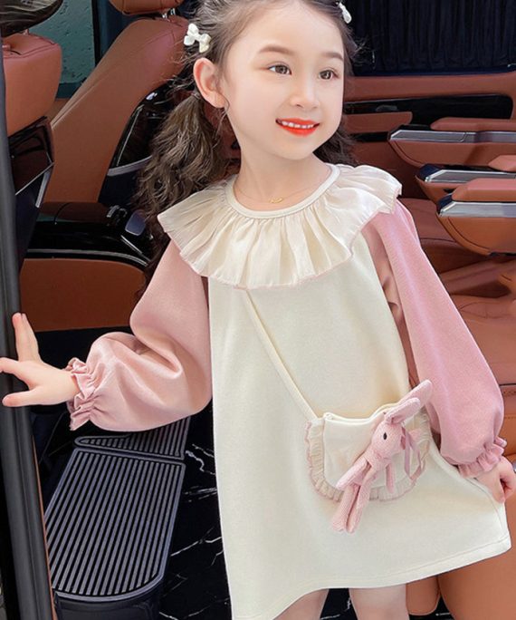 Casual Beige O-Neck Tulle Patchwork Kids Mid Dress Fall