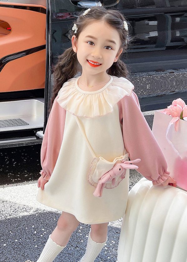 Casual Beige O-Neck Tulle Patchwork Kids Mid Dress Fall - Image 3