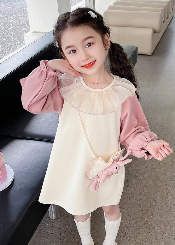 Casual Beige O-Neck Tulle Patchwork Kids Mid Dress Fall - Image 4