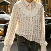 Casual Beige Print Patchwork Lace Hollow Out Shirts Spring