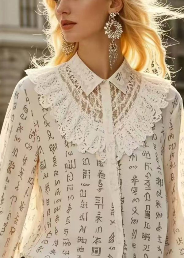 Casual Beige Print Patchwork Lace Hollow Out Shirts Spring - Image 2