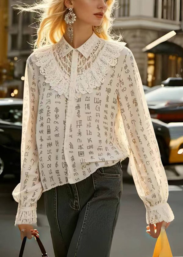 Casual Beige Print Patchwork Lace Hollow Out Shirts Spring - Image 3