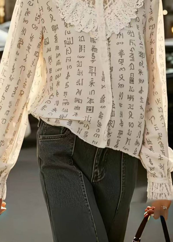 Casual Beige Print Patchwork Lace Hollow Out Shirts Spring - Image 4