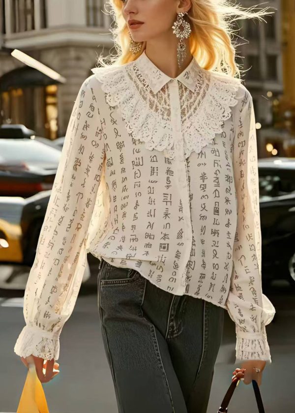 Casual Beige Print Patchwork Lace Hollow Out Shirts Spring - Image 5