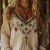 Casual Beige V Neck Print Cotton Top Long Sleeve